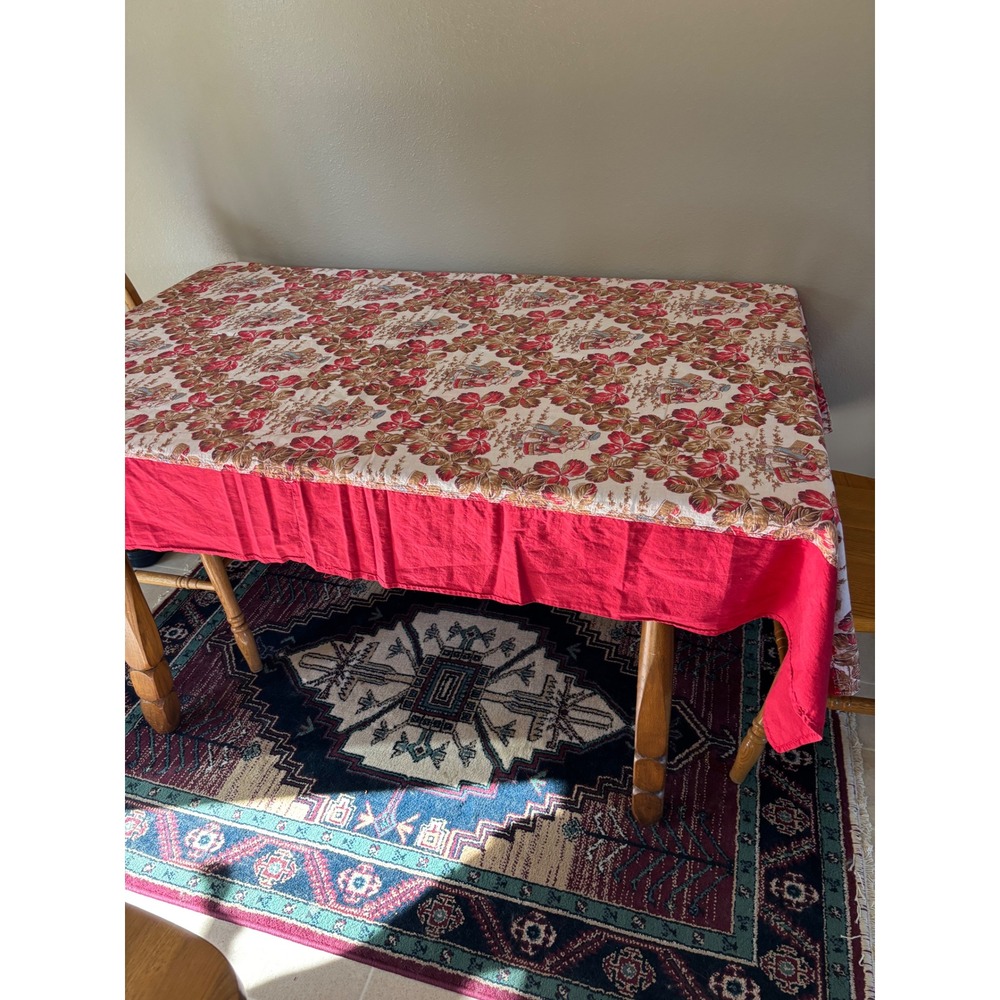 Vintage French Country Children Print Tablecloth Red Border 84x50 Cottagecore